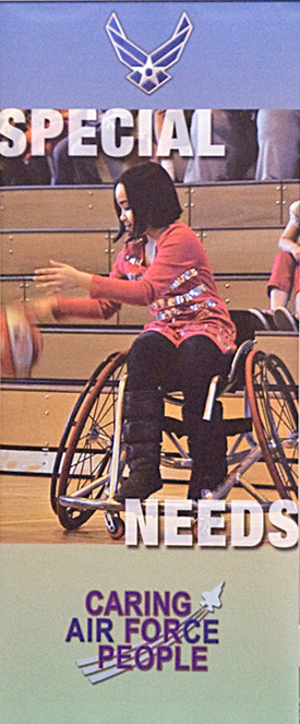 Special Needs sign, girl playing wheelchair basketball